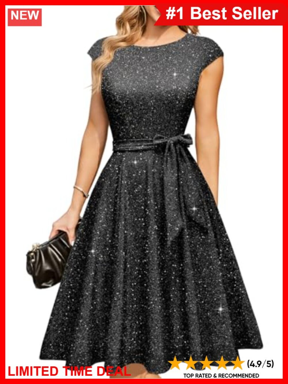 Sequin Midi Cocktail Dress Cap Sleeve A-Line Formal Wedding Guest